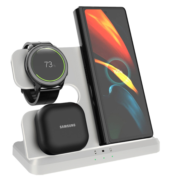 3 az 1-ben vezeték nélküli indukciós gyorstöltő QI Samsung S25 S24 S23 Galaxy Watch Buds állomás, fehér