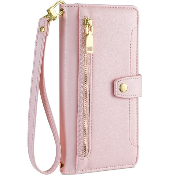 Pattintható tok a iPhone 14, Wallet Zipper Pocket, rózsaszín