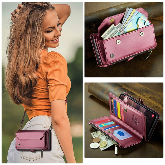 Tok CASEME Samsung Galaxy A56 5G, RFID Leather Wallet, vállpánttal, piros