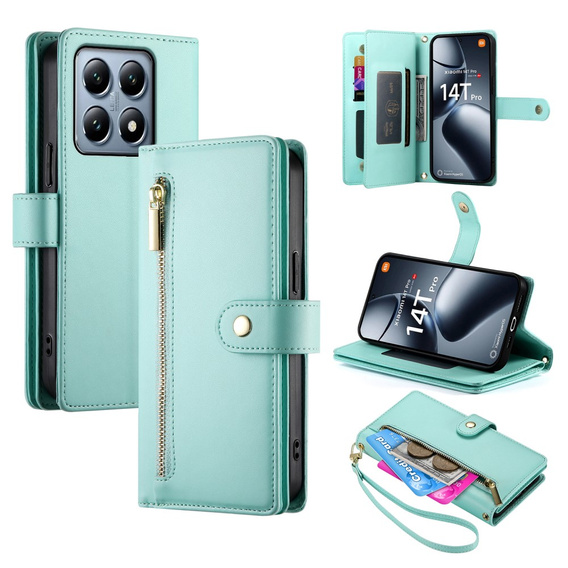 Pattintható tok a Xiaomi 14T Pro, Wallet Zipper Pocket, zöld