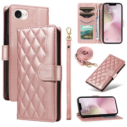 Flap tok iPhone 16E, Rhombus Crossbody Leather, rózsaszín rose gold