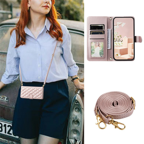 Flap tok Samsung Galaxy S25 FE, Rhombus Crossbody Leather, rózsaszín rose gold