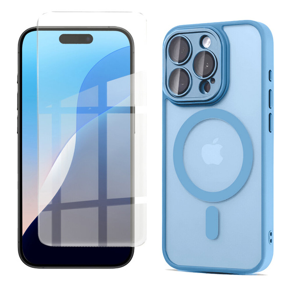 Tok iPhone 16 Pro Max-hoz, MagSafe, ERBORD Matt Case, kék + képernyőüveg