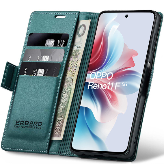 Tok Oppo Reno 11F, ERBORD Glossy Litchi, pénztárca patenttal, zöld