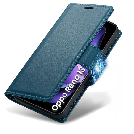 Tok Oppo Reno 13, ERBORD Glossy Litchi, pénztárca patenttal, kék