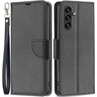 Pattintható tok a Samsung Galaxy A15, Wallet Litchi Leather, fekete + 9H üveg