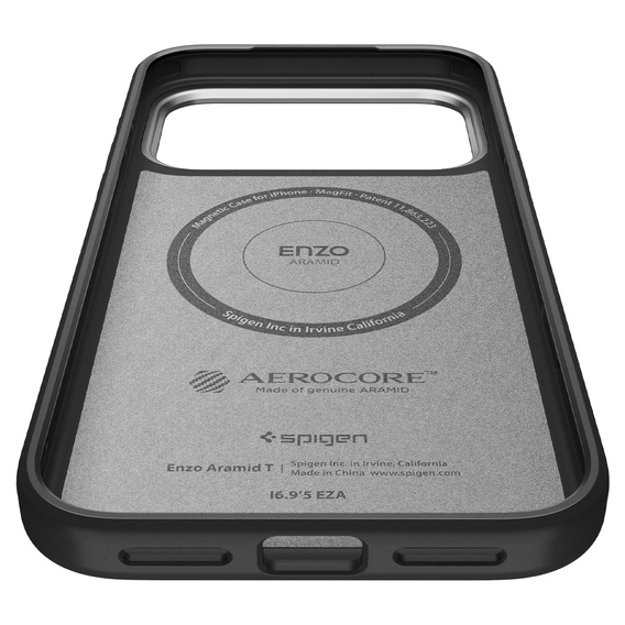 Spigen Enzo Aramid MagSafe tok iPhone 17 Pro készülékhez, szénfekete / ezüst
