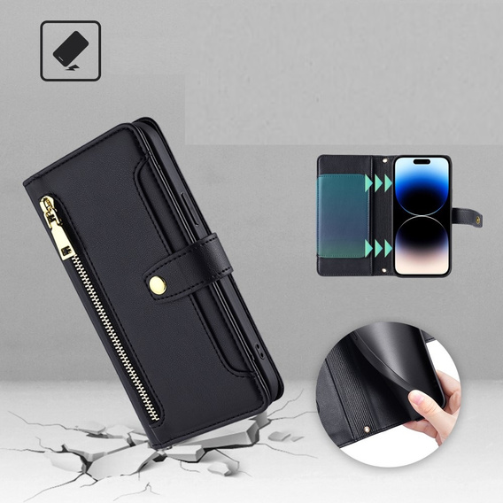 Pattintható tok a iPhone 14 Pro, Wallet Zipper Pocket, fekete