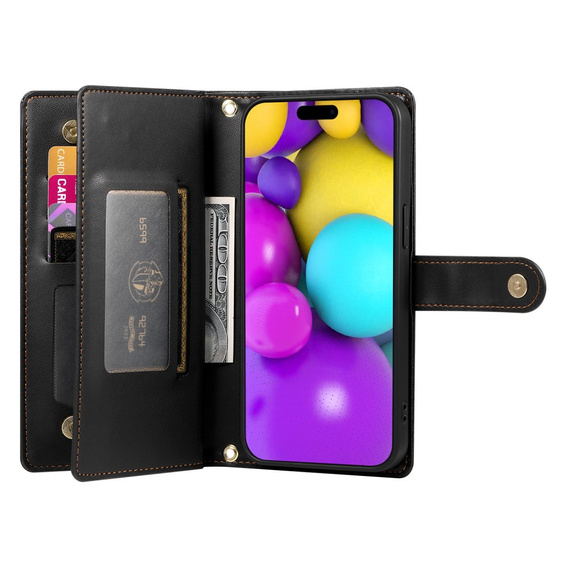 Pattintható tok a iPhone 16, Wallet Zipper Pocket, fekete