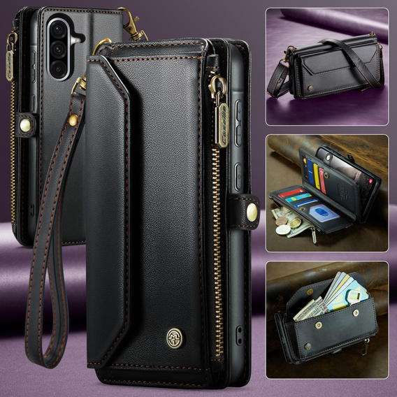 Tok CASEME Samsung Galaxy A56 5G, RFID Leather Wallet, vállpánttal, fekete