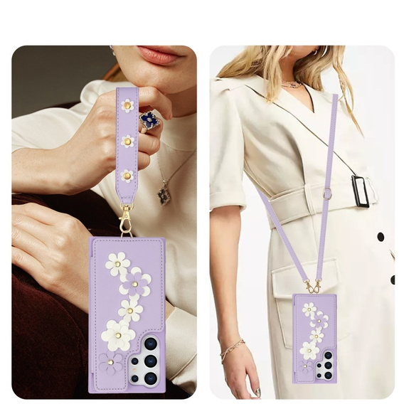 Tok Samsung Galaxy S24 Ultra, Leather Flower Card Slot, lila