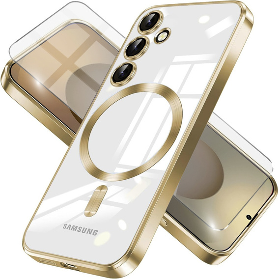 Tok Samsung Galaxy S25-hoz, Electro MagSafe, arany + üveg a képernyőhöz