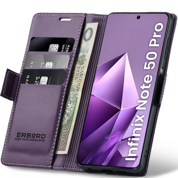 Tok Infinix Note 50 Pro, ERBORD Glossy Litchi, pénztárca patenttal, lila