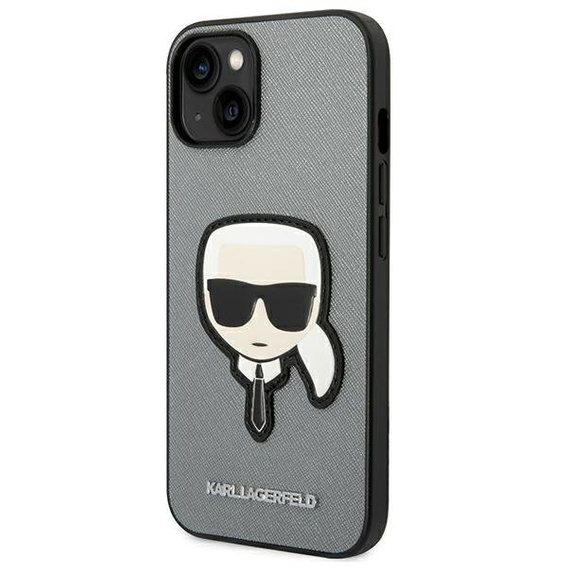 Karl Lagerfeld Telefontok a iPhone 14, Saffiano Karl's Head Patch, ezüst