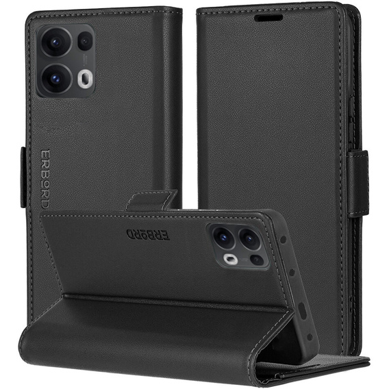 Tok Oppo Reno 13 Pro, ERBORD Glossy Litchi, pénztárca patenttal, fekete