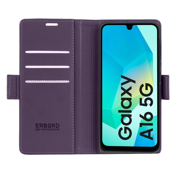 Tok Samsung Galaxy A16, ERBORD Glossy Litchi, pénztárca patenttal, lila