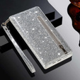 Pattintható tok a Samsung Galaxy A56 5G, Wallet Zipper Pocket Glittery, ezüst