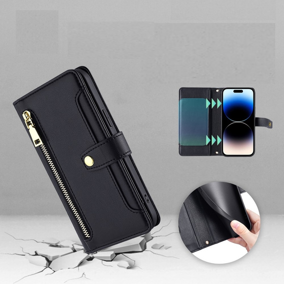 Pattintható tok a iPhone 14 Pro Max, Wallet Zipper Pocket, fekete