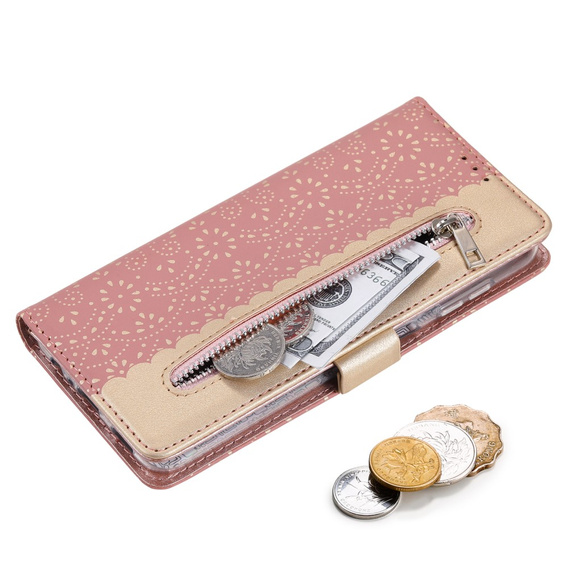 Flap tok Samsung Galaxy A54 5G, Wallet Pocket Zipper Lace, rózsaszín