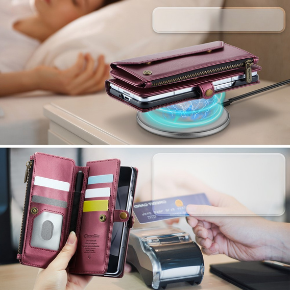 Tok CASEME Samsung Galaxy Z Fold6 5G, RFID Leather Wallet, vállpánttal, piros