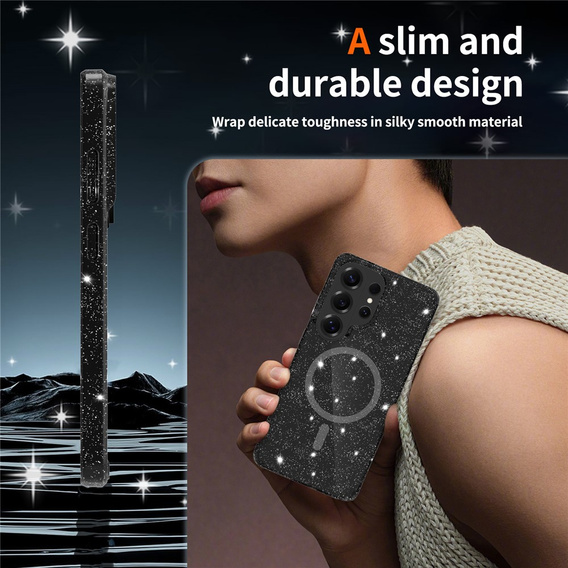 Csillogó tok, MagSafe-hez, Samsung Galaxy S26 Ultra-hoz, átlátszó/fekete