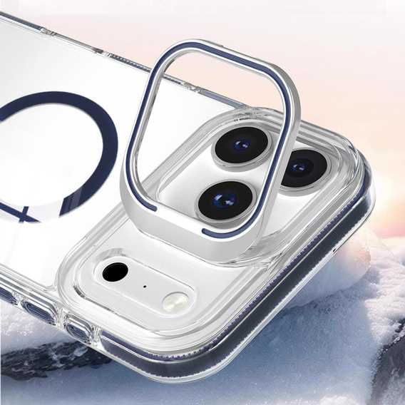 Tok iPhone 17 Pro Max készülékhez, MagSafe, állvánnyal, átlátszó, sötétkék betétekkel