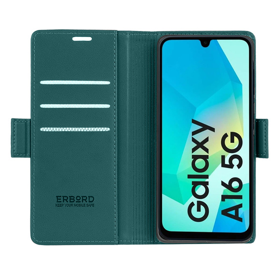 Tok Samsung Galaxy A16, ERBORD Glossy Litchi, pénztárca patenttal, zöld