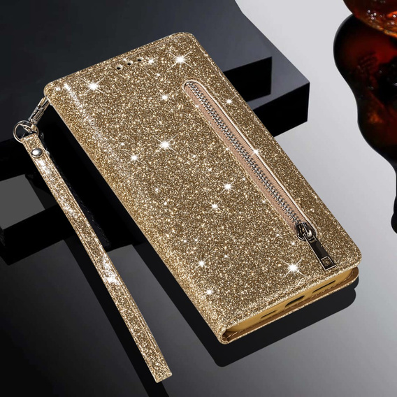 Pattintható tok a Samsung Galaxy A56 5G, Wallet Zipper Pocket Glittery, arany