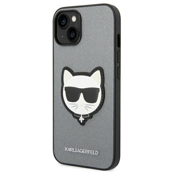 Karl Lagerfeld Telefontok a iPhone 14 Plus, Saffiano Choupette Head Patch, ezüst