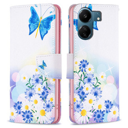 Pattintható tok a Xiaomi Redmi 13C / Poco C65, Wallet, butterfly & flowers, fehér