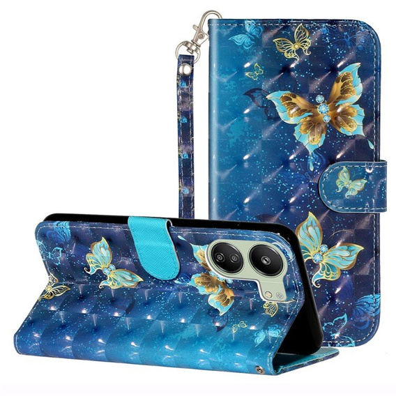 Pattintható tok a Xiaomi Redmi 13C / Poco C65, Wallet, Butterflies kék