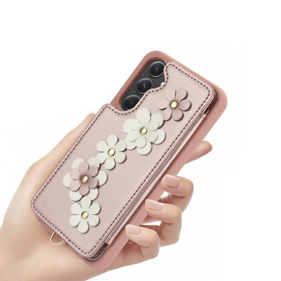 Tok Samsung Galaxy A55 5G, Leather Flower Card Slot, rózsaszín