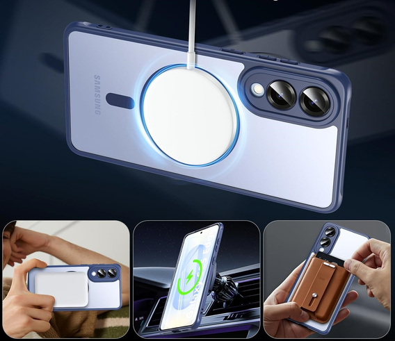 Tok Samsung Galaxy S25 Edge, Kickstand Matt Case, MagSafe-hoz, kék + képernyőüveg