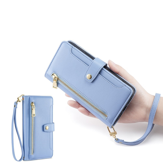 Pattintható tok a iPhone 14 Pro, Wallet Zipper Pocket, kék
