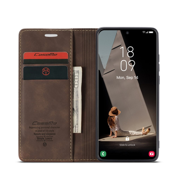 CASEME tok Samsung Galaxy S21 FE, Leather Wallet Case, kávé