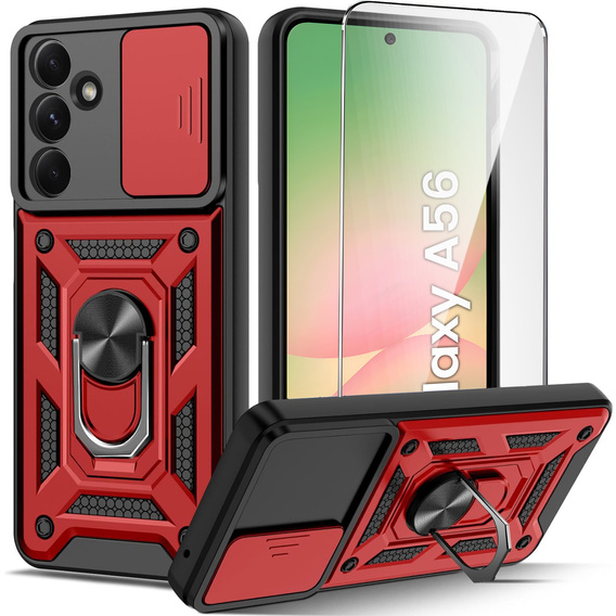 Páncélozott tok Samsung Galaxy A56, CamShield Slide, piros + edzett üveg 9H