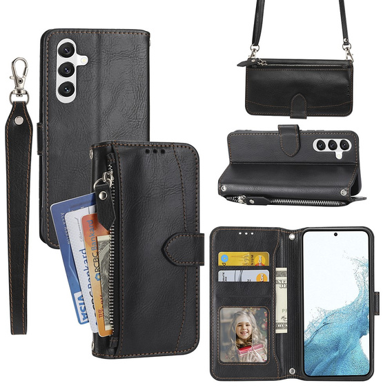 Pattintható tok a Samsung Galaxy A54 5G, Wallet Zipper Pocket, vállpánttal, fekete