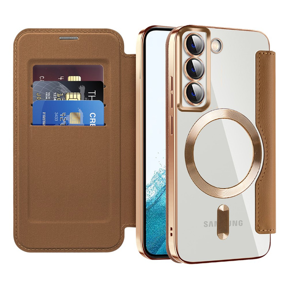 Pattintható tok a Samsung Galaxy S22 5G, RFID Wallet MagSafe CamShield, barna