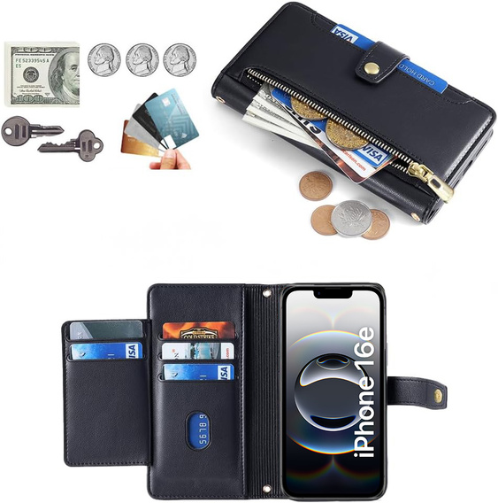 Pattintható tok a iPhone 16E, Wallet Zipper Pocket, fekete
