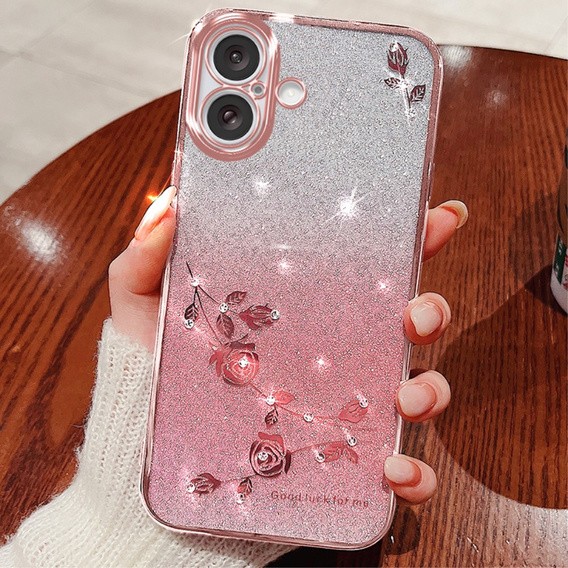 Tok iPhone 16 Plus, Glitter Flower, rózsaszín rose gold