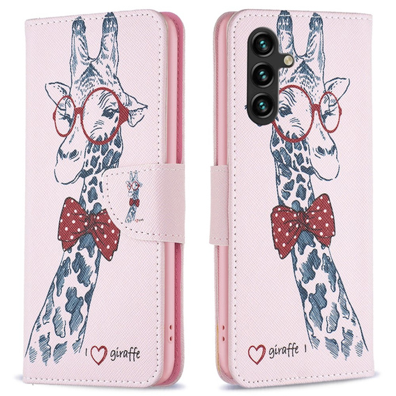 Pattintható tok a Samsung Galaxy A05s, Wallet, giraffe, rózsaszín