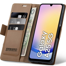 Tok Samsung Galaxy A25 5G, ERBORD Glossy Litchi, pénztárca patenttal, barna