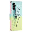 Pattintható tok a Samsung Galaxy A35 5G, Wallet, Feather kék / sárga