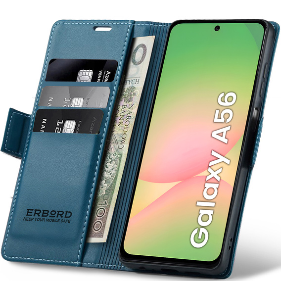 Tok Samsung Galaxy A56, ERBORD Glossy Litchi, pénztárca patenttal, kék