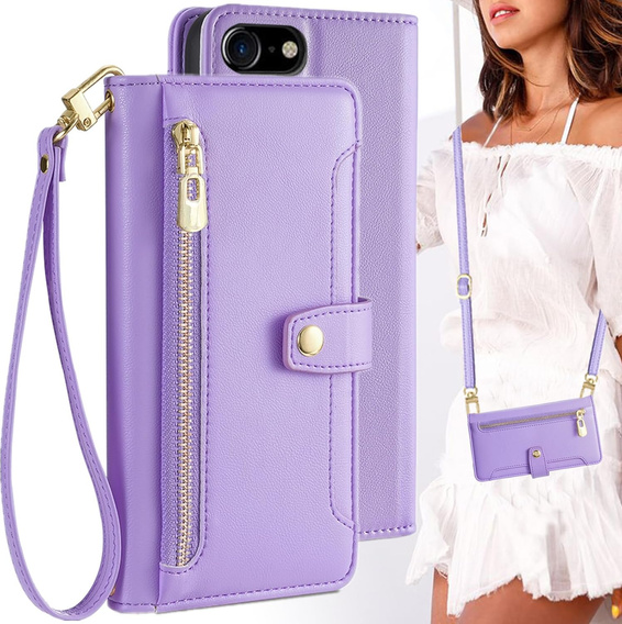 Pattintható tok a iPhone 16E, Wallet Zipper Pocket, lila