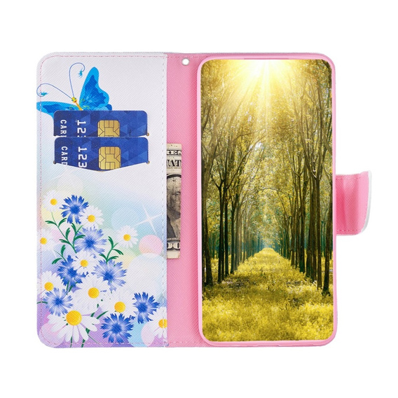 Pattintható tok a Samsung Galaxy M34, Wallet, butterfly & flowers, fehér