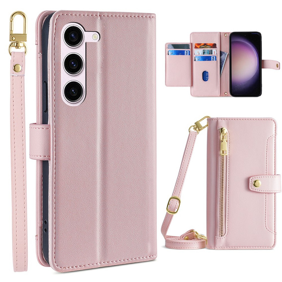 Pattintható tok a Samsung Galaxy S23, Wallet Zipper Pocket, rózsaszín