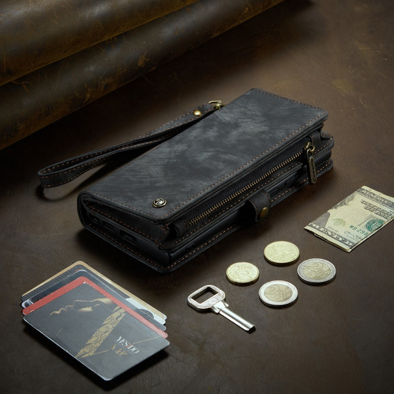 CASEME tok Samsung Galaxy S25 Ultra, Retro Leather Wallet, szíjjal, fekete