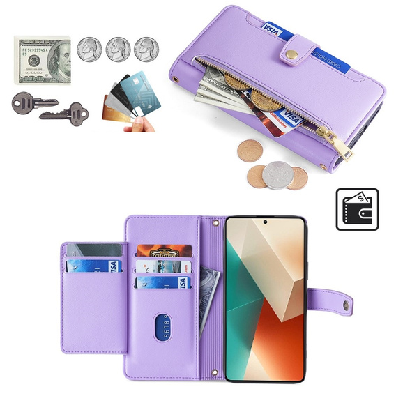 Pattintható tok a Xiaomi Redmi Note 13 5G, Wallet Zipper Pocket, lila