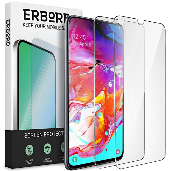 2x edzett üveg a Samsung Galaxy A70, ERBORD 9H Hard Glass a képernyőn